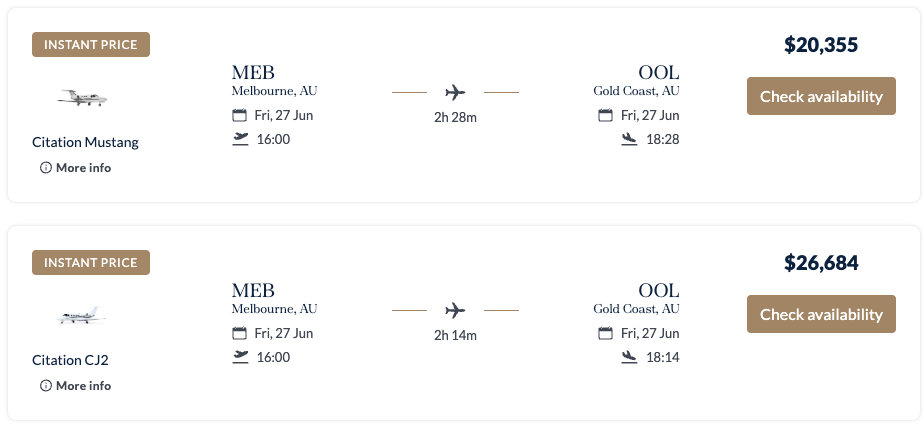 Melbourne to Gold Coast private jet prices
